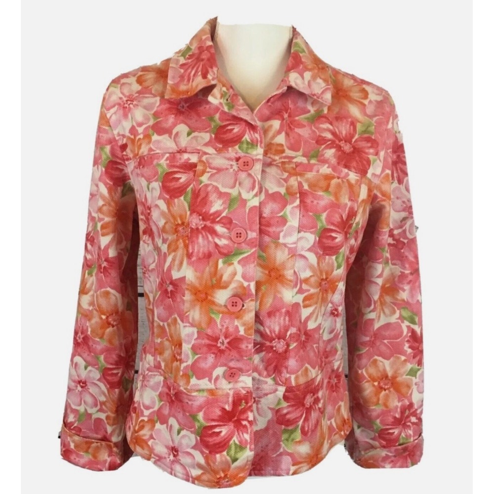 Lemon Grass Studio Floral Jacket Womens L Pink Orange Button Front Preloved